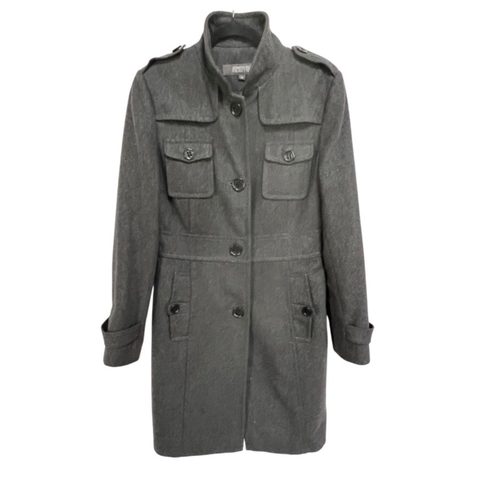 Kenneth Cole Reaction Womens Wool Blend Military Coat Gray Size 6 Stand Collar - Picture 2 of 8